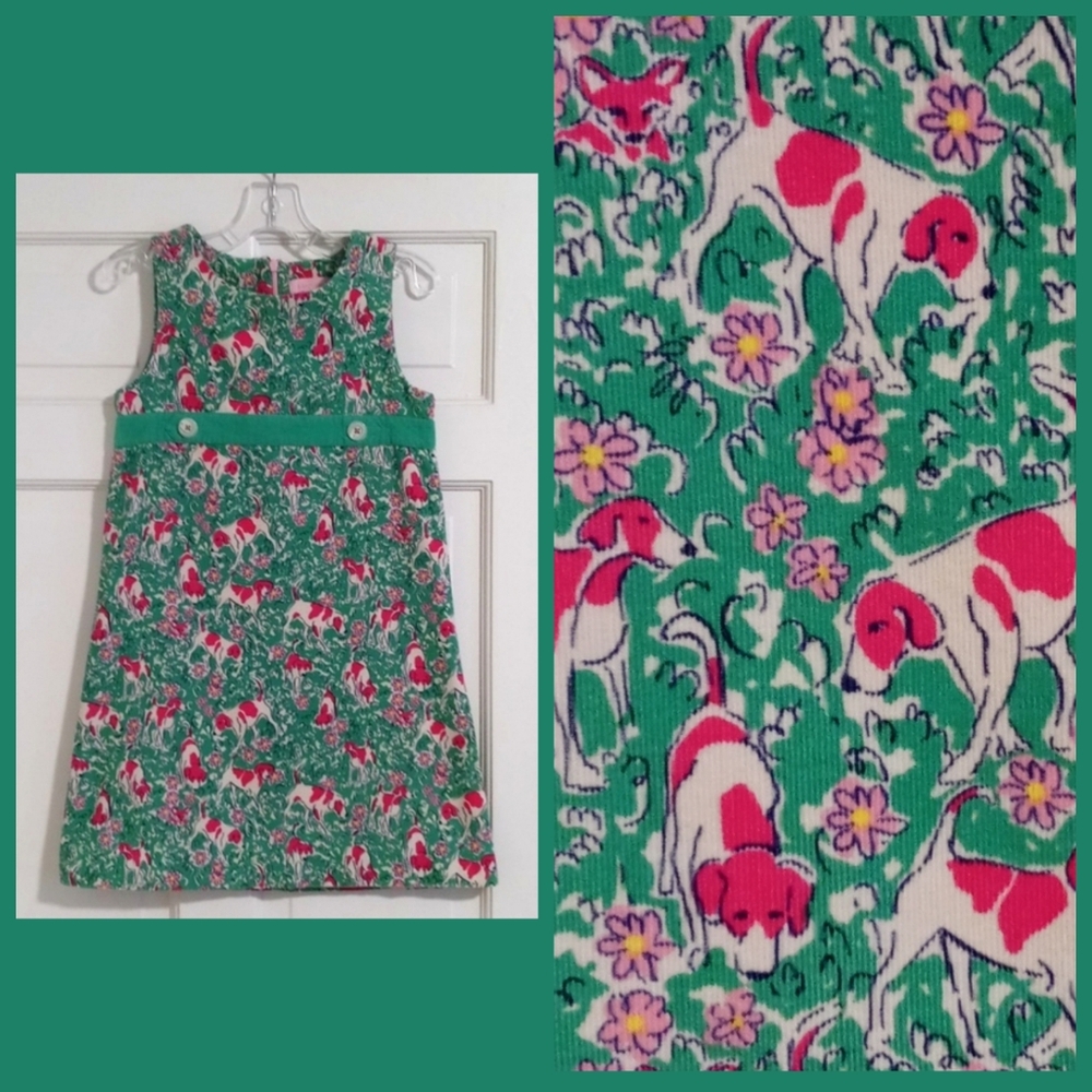 🐶RARE Lilly Pulitzer🐶 - Green/Pink/White "Let's Pawty" Corduroy Shift Dress